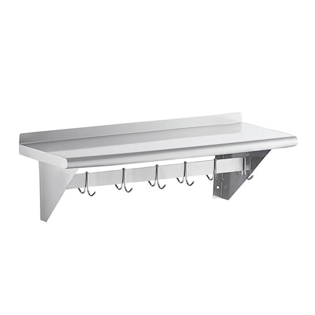 Amgood 12 in. x 36 in. Stainless Steel Wall Mounted Pot Rack with Shelf and 6 Double Sided Chrome Plated Hooks AMG WS-PS-1236